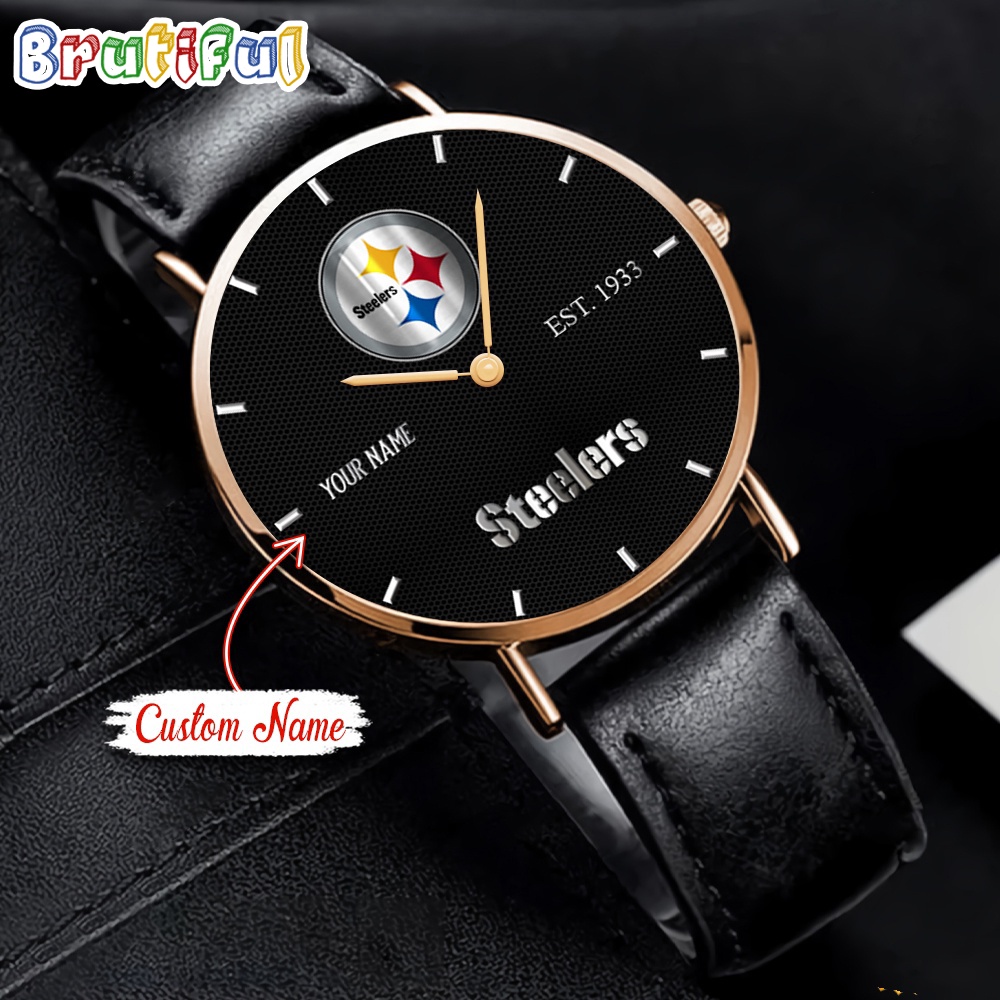 NFL Pittsburgh Steelers Watch Custom Name Black Stitched Leather Watch 1