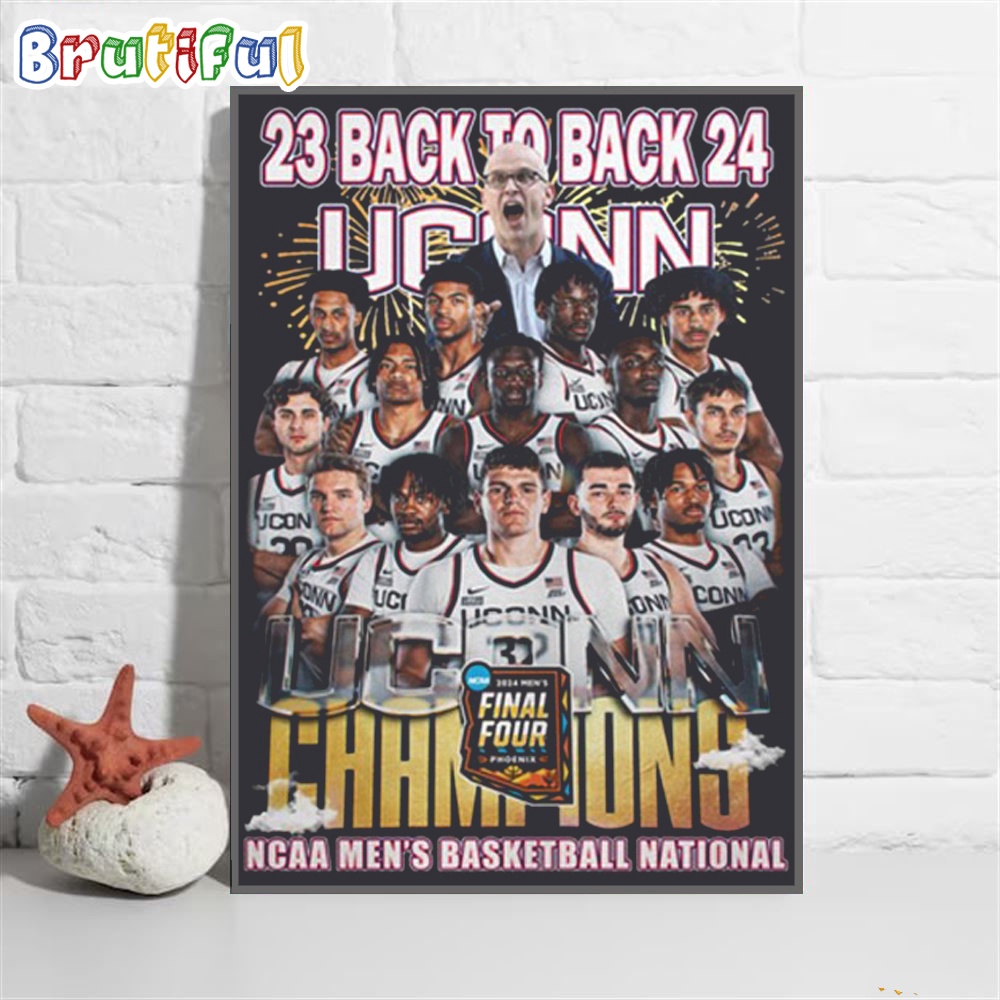 UConn Huskies 23 Back To Back 24 NCAA Men's Basketball National Champions Final Four Wall Art Poster Canvas