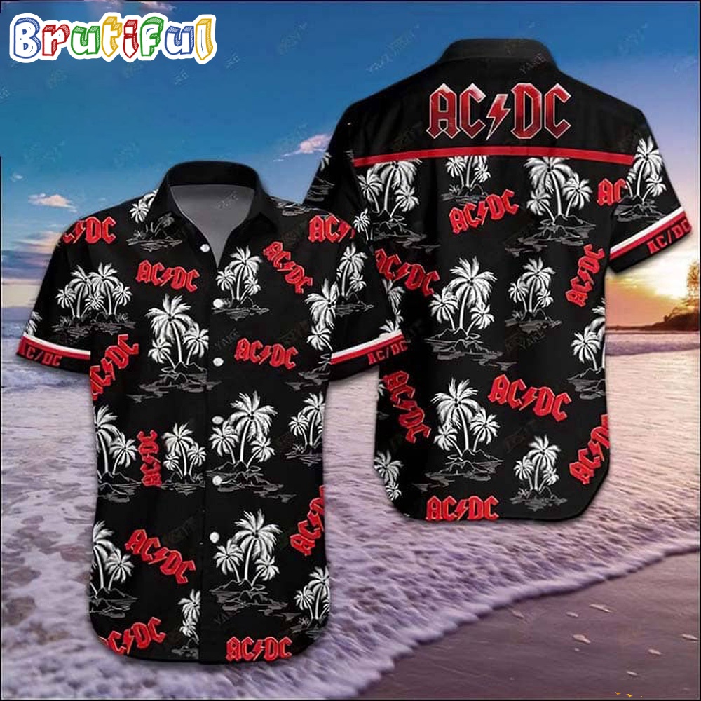 ACDC Logo And White Palm Pattern 2024 Hawaiian Shirt ACDC Music Band Aloha Shirt