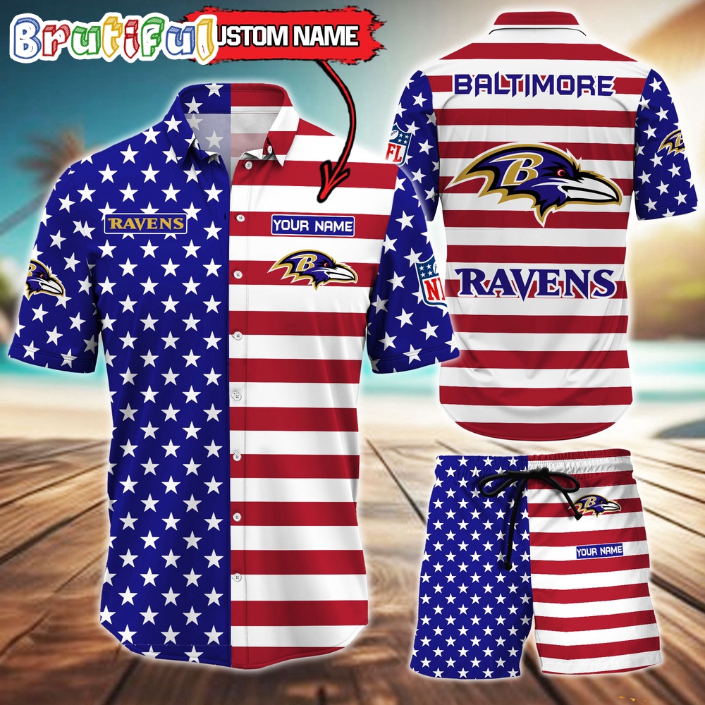 Baltimore Ravens American Flag Hawaii Shirt NFL Sport American Flag Hawaiian Shirt And Shorts Set Mens