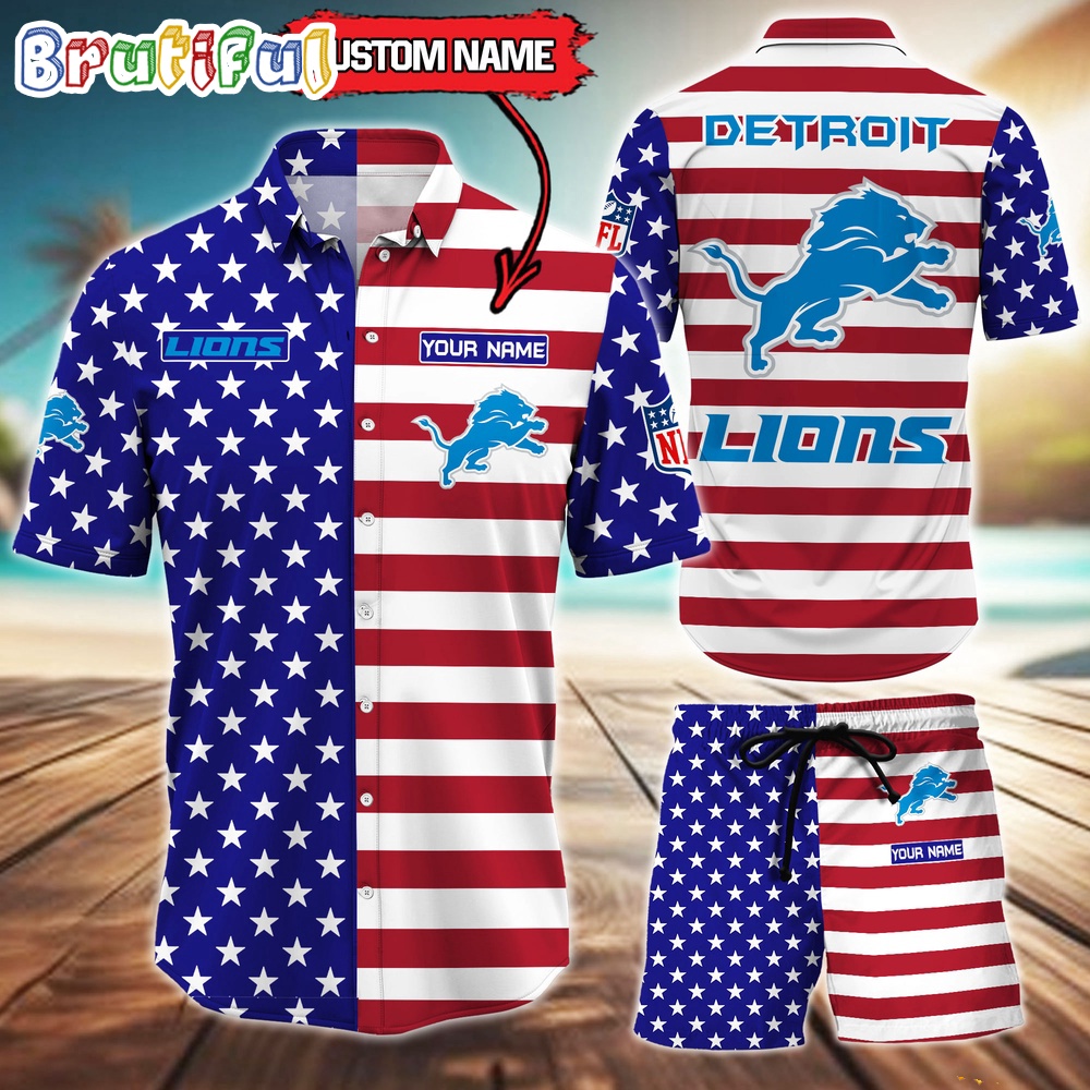 Detroit Lions American Flag Hawaii Shirt NFL Sport American Flag Hawaiian Shirt And Shorts Set Mens