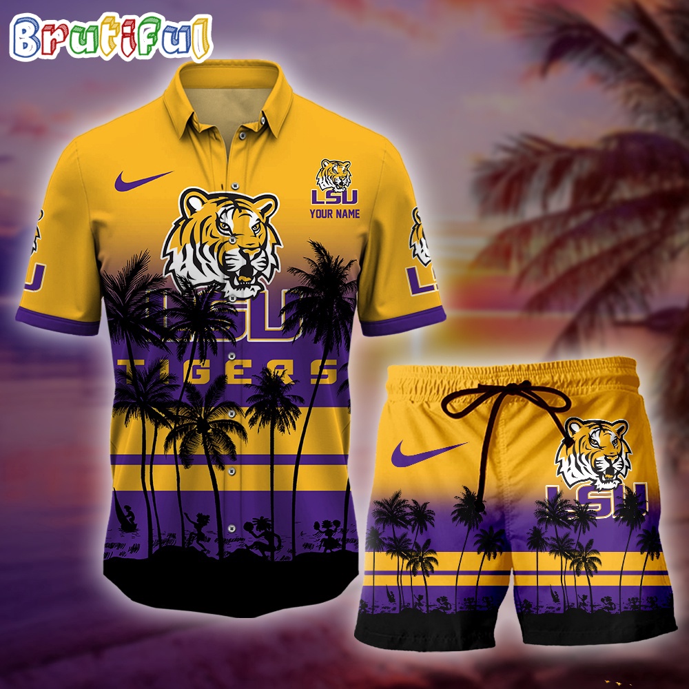 LSU Tigers Palm Tree Summer Hawaiian Shirt NCAA Sport Summer Hawaiian Set Summer Beach Short 1