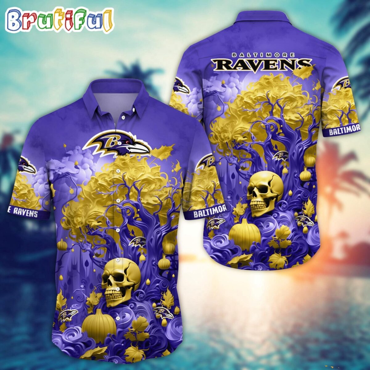 NFL Baltimore Ravens Halloween Skull Pumpkin Hawaiian Shirt