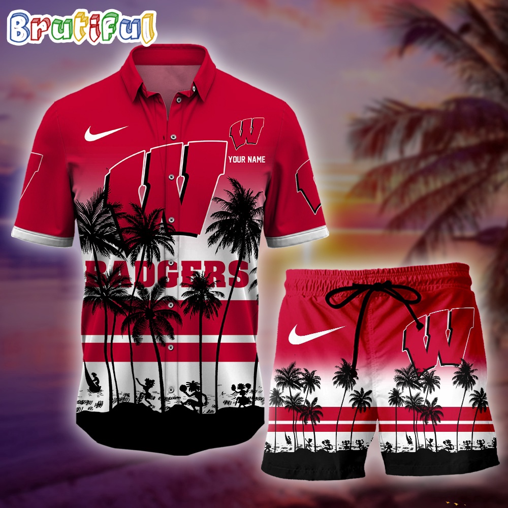 Wisconsin Badgers Palm Tree Summer Hawaiian Shirt NCAA Sport Summer Hawaiian Set Summer Beach Short 1