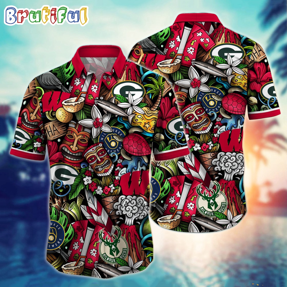 Wisconsin Sports Tiki Culpture Tropical Hawaiian Shirt