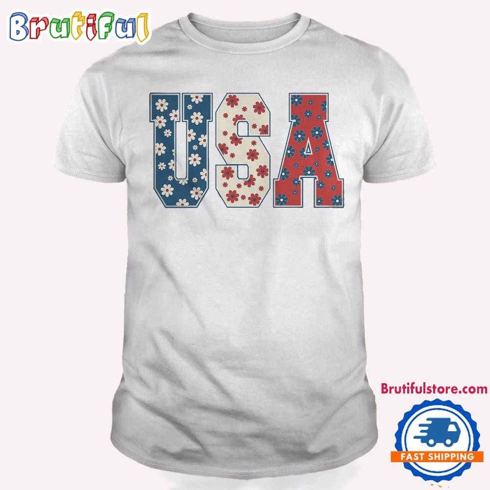 4th Of July Comfort Colors Shirt USA Floral Flowers Shirt Independence Day Women Tee 1