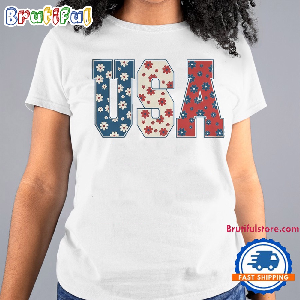 4th Of July Comfort Colors Shirt USA Floral Flowers Shirt Independence Day Women Tee 2
