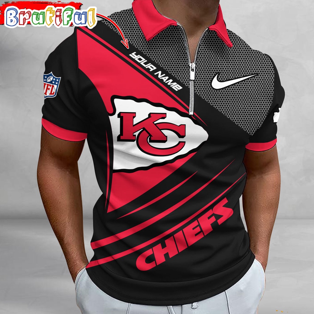 NFL Kansas City Chiefs Polo Shirt Football Sport Zip Polo Shirt