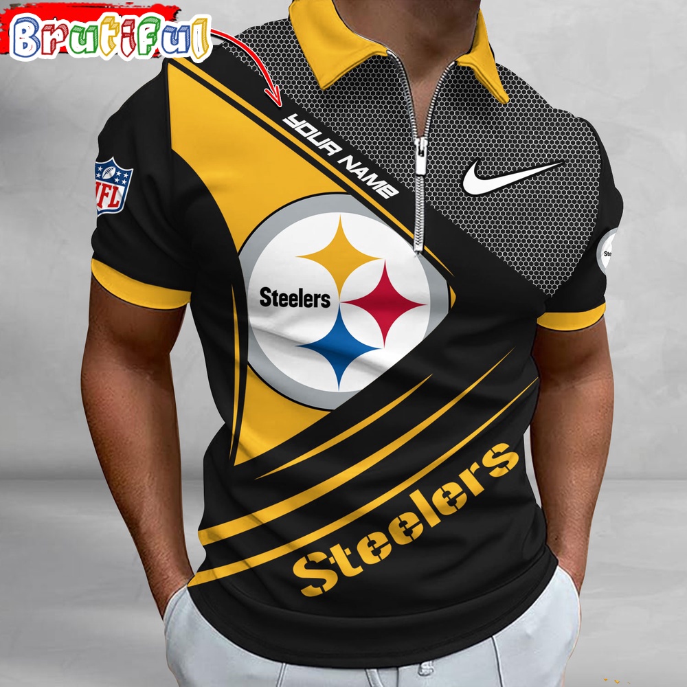 NFL Pittsburgh Steelers Polo Shirt Football Sport Zip Polo Shirt