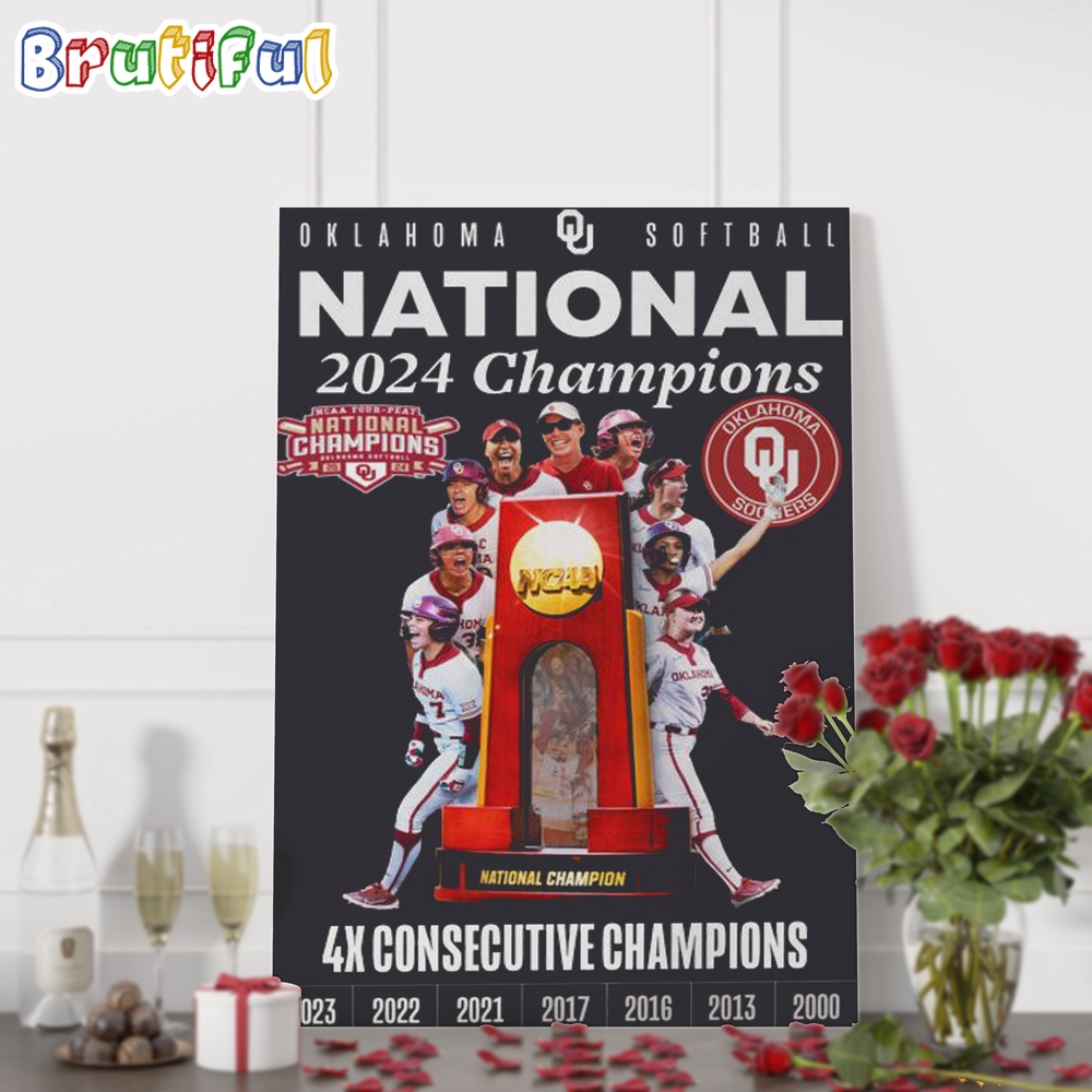 Oklahoma Sooners 2024 NCAA Softball Women's College World Series 4X Consecutive Champions Poster Canvas