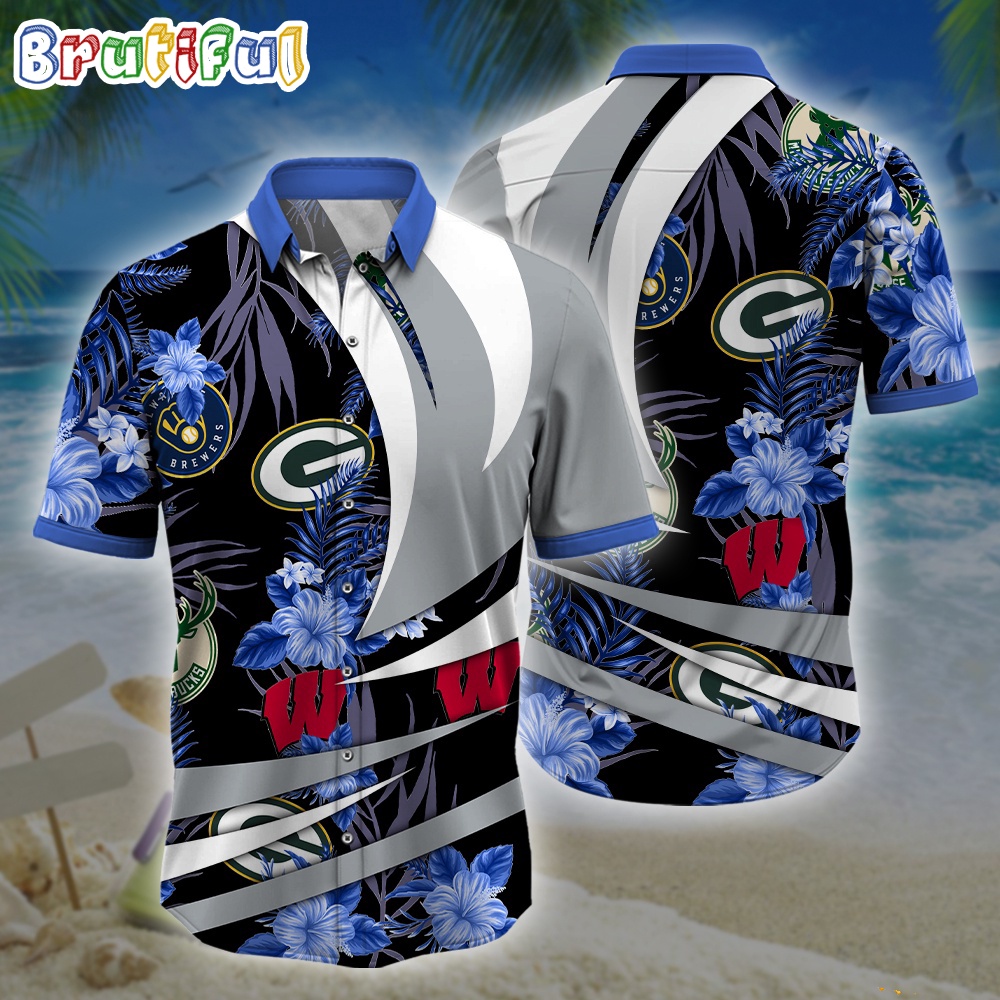 Wisconsin Sports Tropical Flower Hawaiian Shirt Wisconsin Sports Hawaiian Shirt