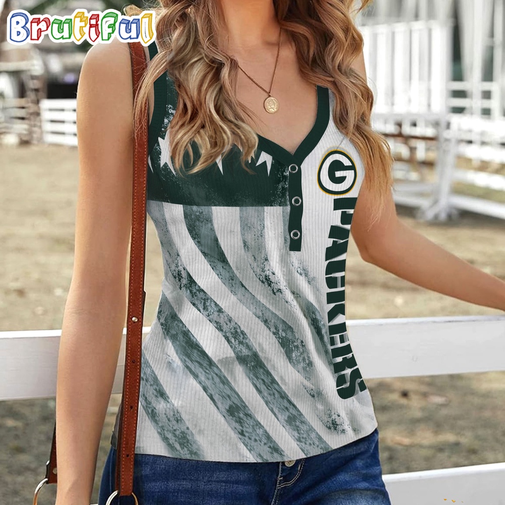 NFL Green Bay Packers Special American Flag Women V Neck Ribbed Tank Top 1