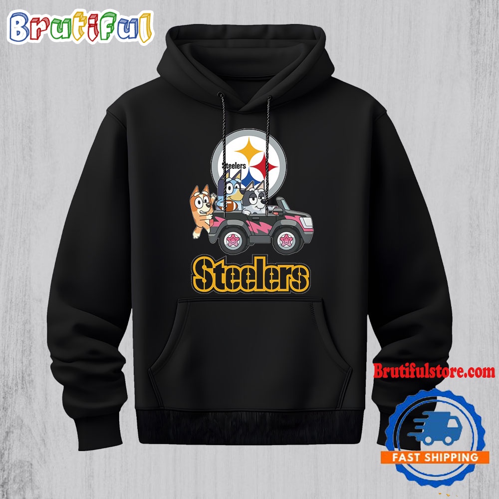 NFL Pittsburgh Steelers Special Bluey Bingo And Muffin In The Car Hoodie Football Bluey 2D Shirt