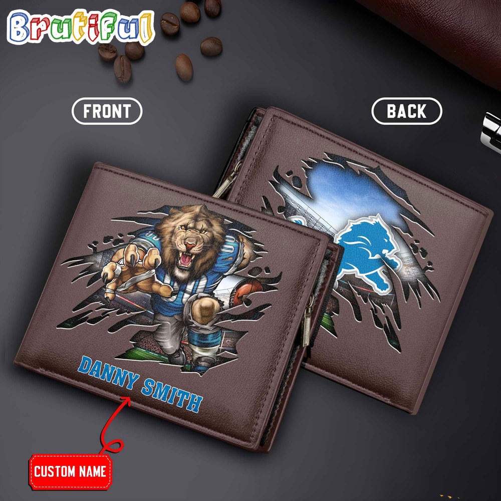 NFL Detroit Lions Mascot Football Mens Leather Wallet 2