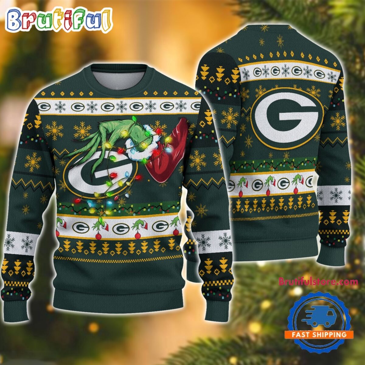 green bay packers ugly sweater dress Women's Green Bay Packers Klew Green Big Logo Ugly Sweater Dress