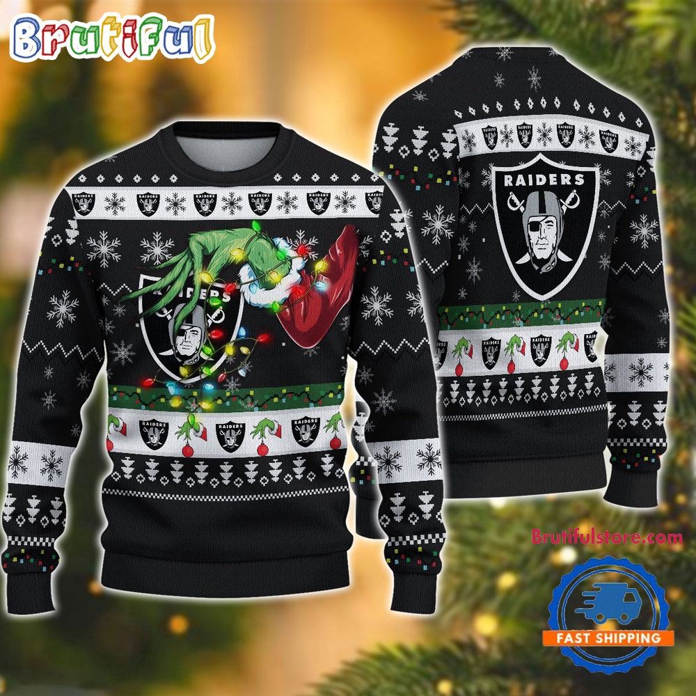 NFL Las Vegas Raiders Special Grinchs Hand Football Christmas Ugly Sweater