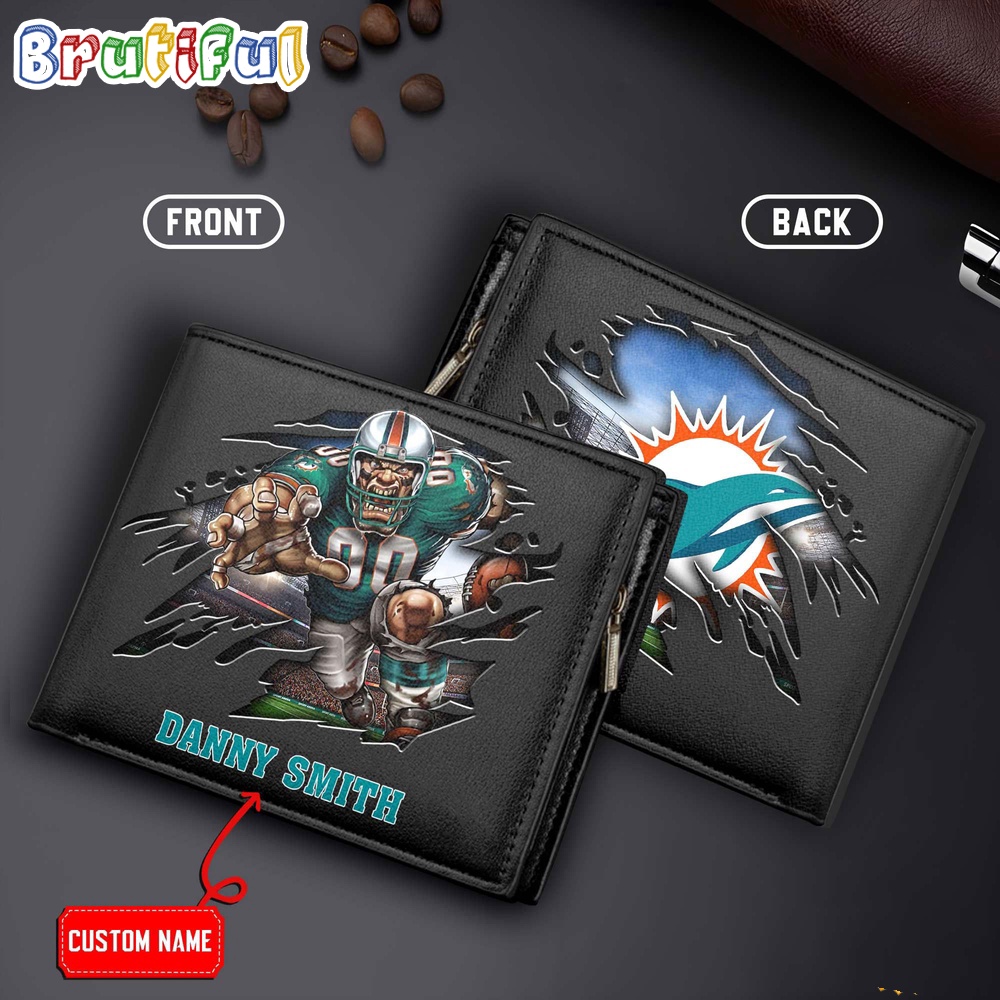NFL Miami Dolphins Mascot Football Mens Leather Wallet 1