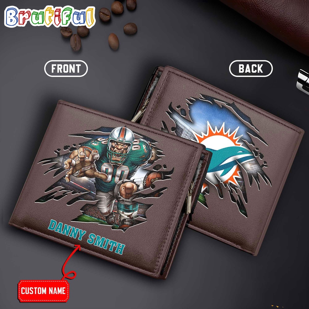 NFL Miami Dolphins Mascot Football Mens Leather Wallet 2