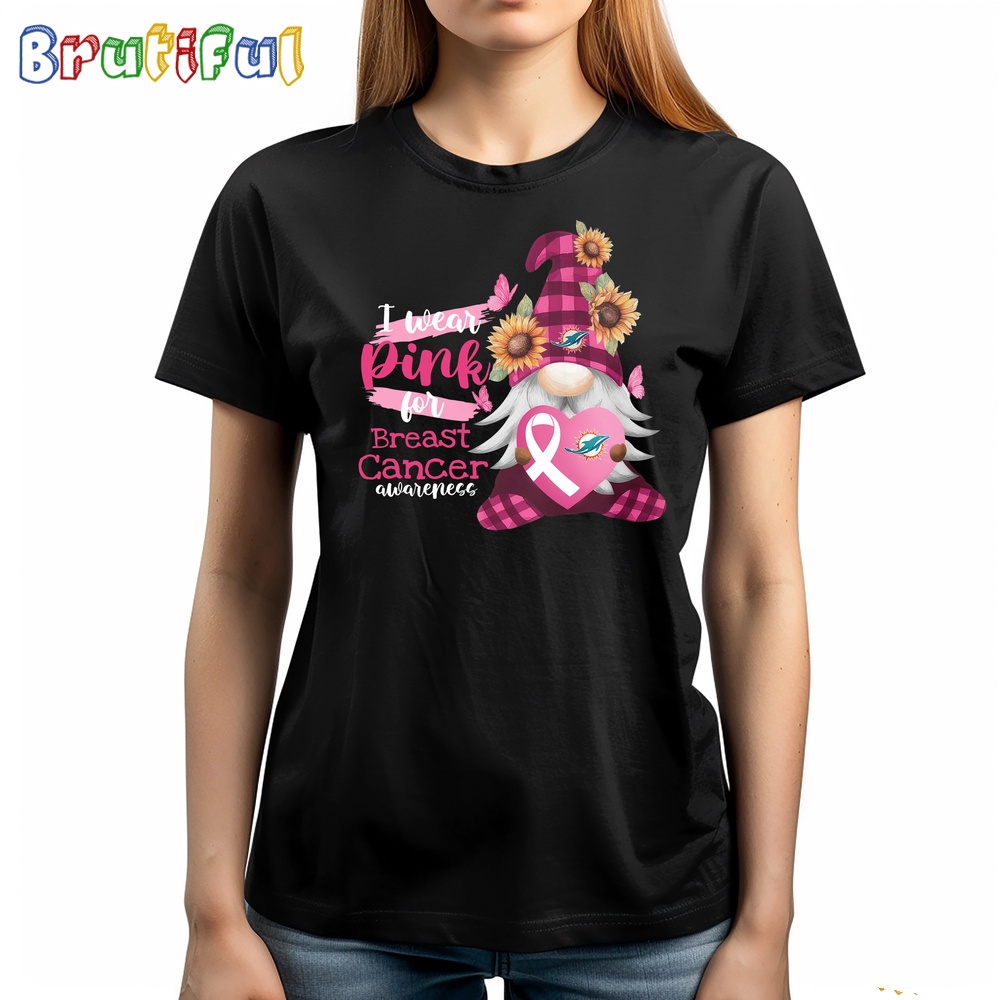 NFL Miami Dolphins Special Gnomes Flower In October I Wear Pink For Breast Cancer Awareness TShirt