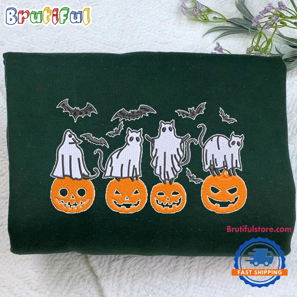 Halloween Crewneck With Pumpkin Bats Cats Ghost Embroidered Sweatshirts