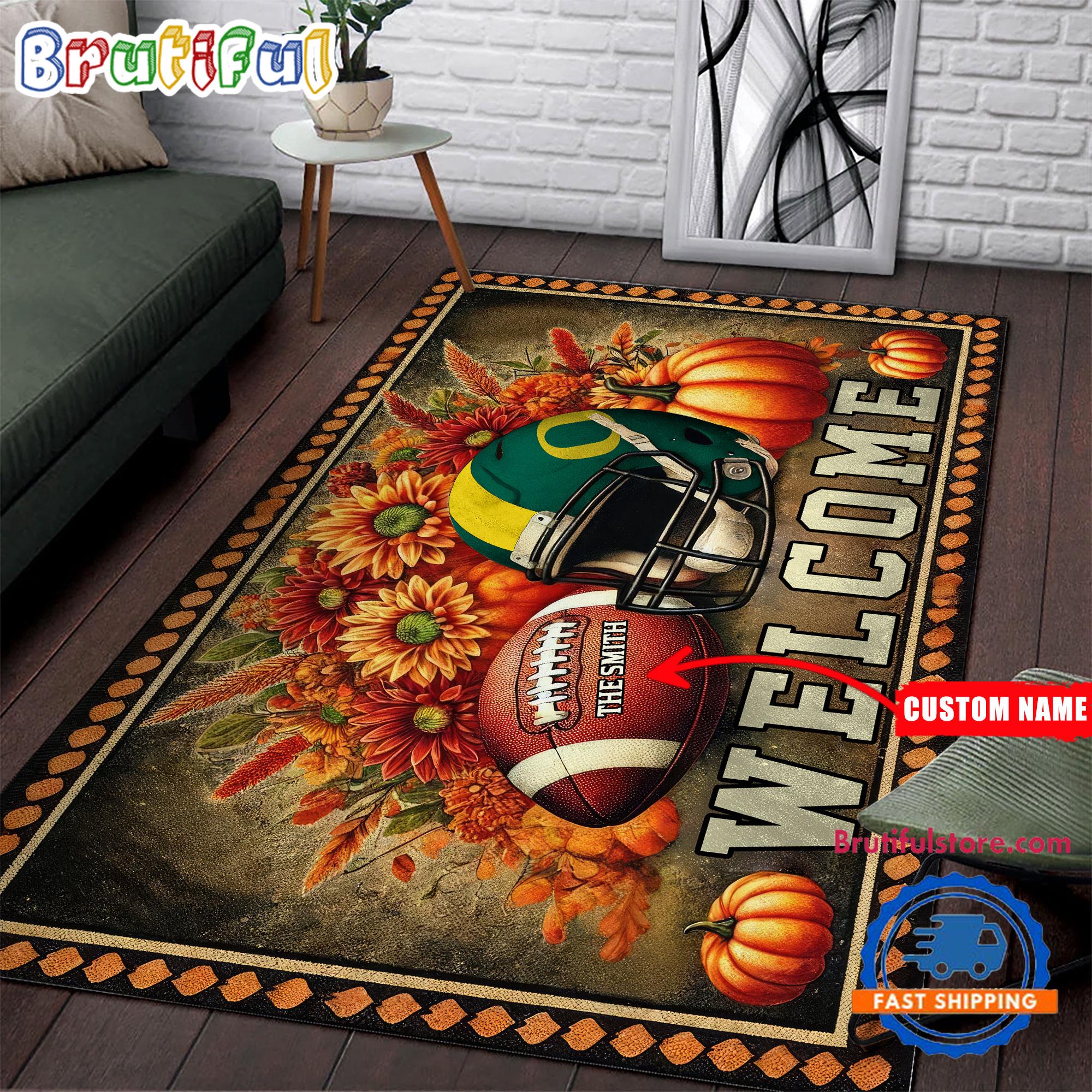 NCAA Oregon Ducks Pumpkin Flower Football Halloween Rectangle Rug