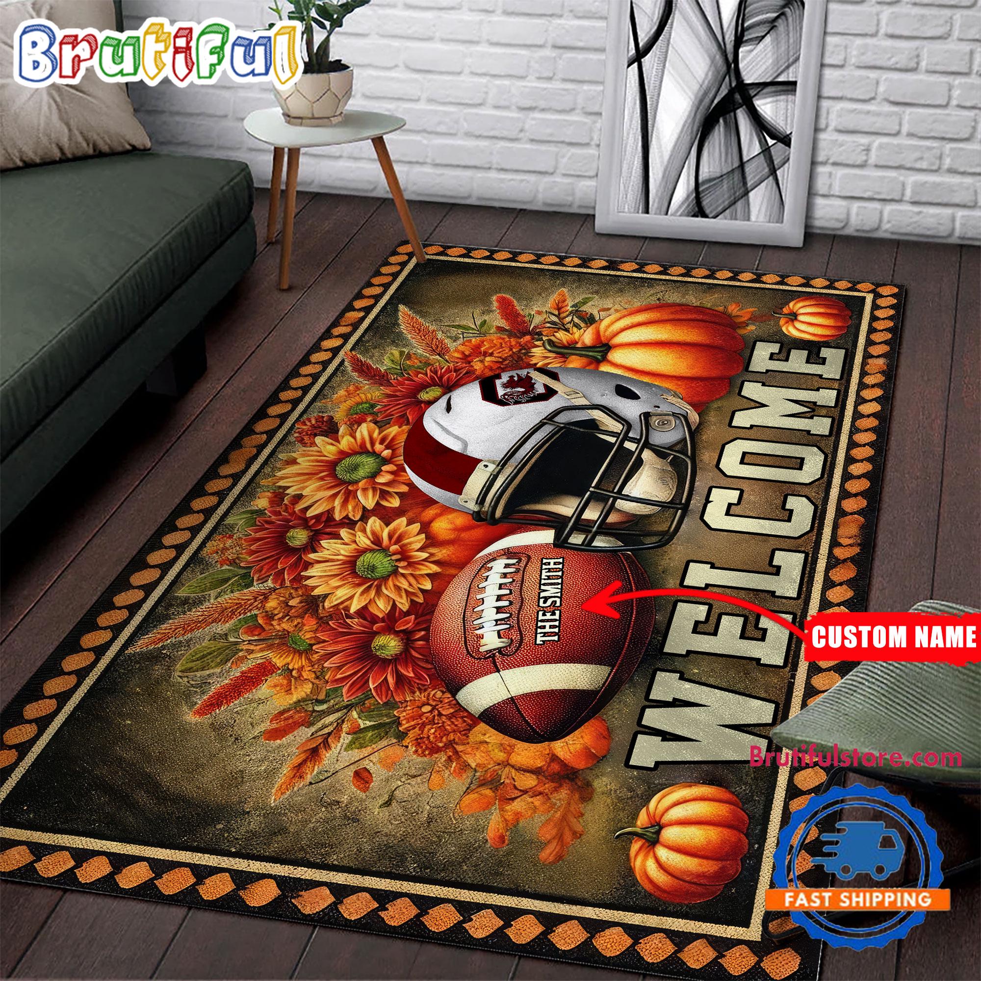 NCAA South Carolina Gamecocks Pumpkin Flower Football Halloween Rectangle Rug