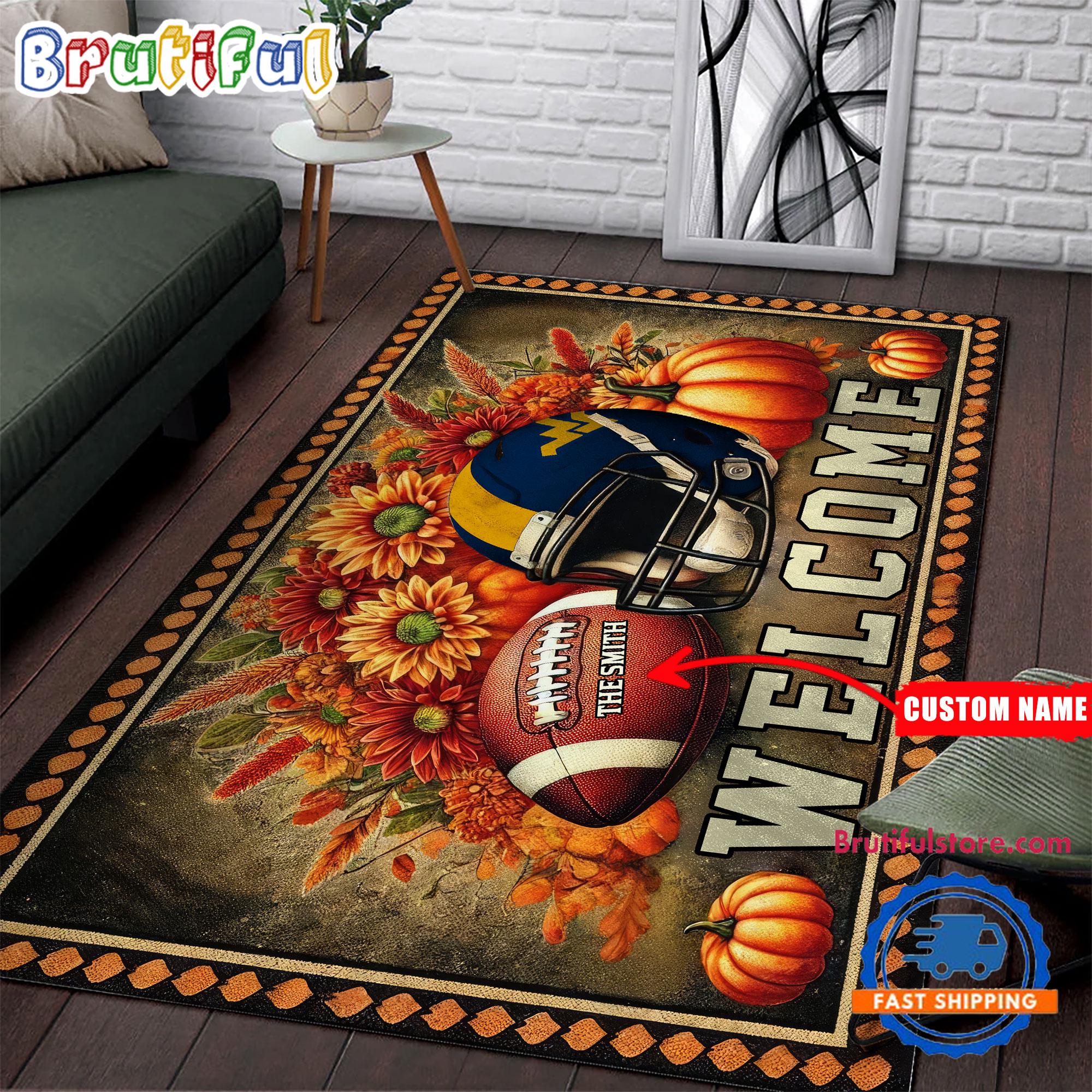 NCAA West Virginia Mountaineers Pumpkin Flower Football Halloween Rectangle Rug