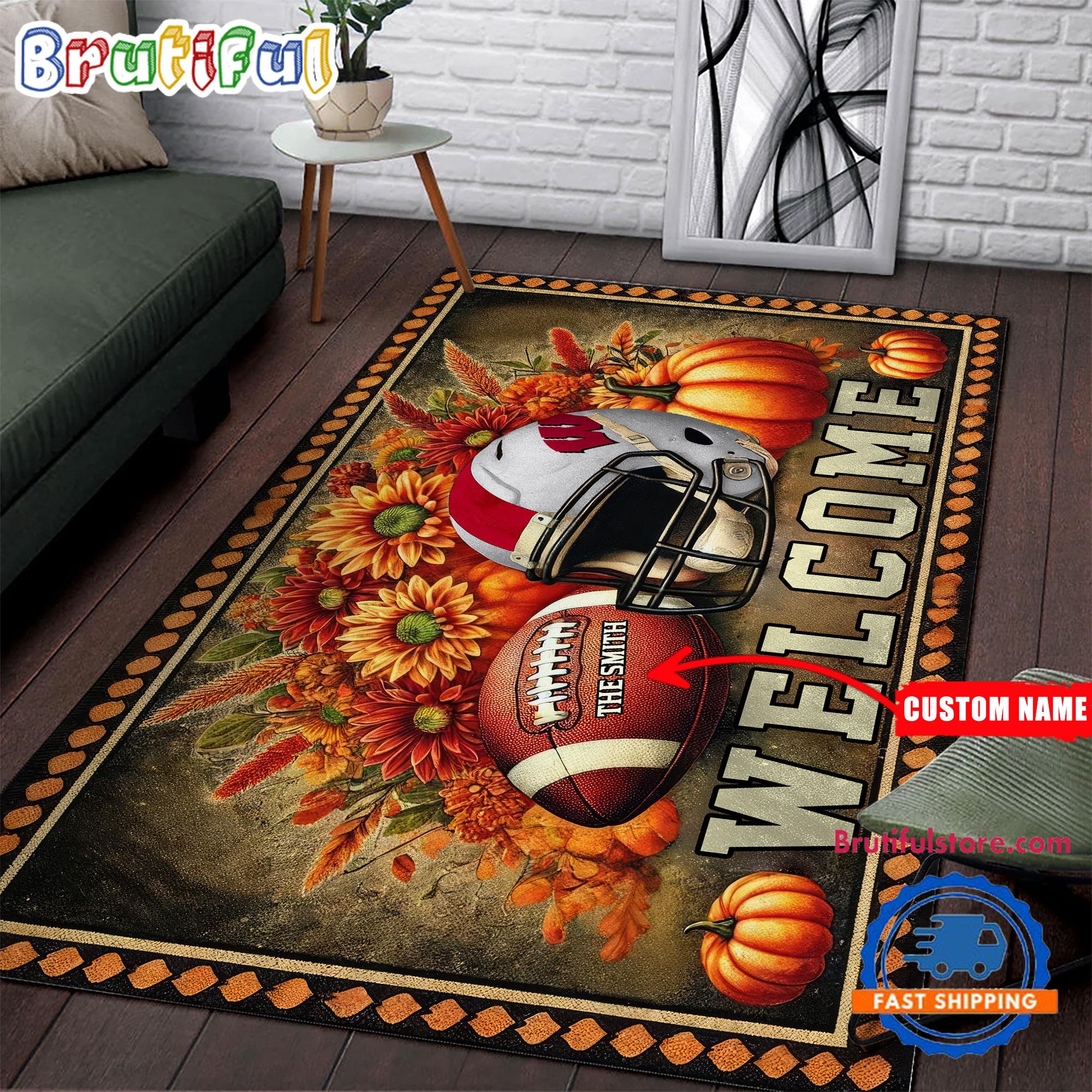 NCAA Wisconsin Badgers Pumpkin Flower Football Halloween Rectangle Rug