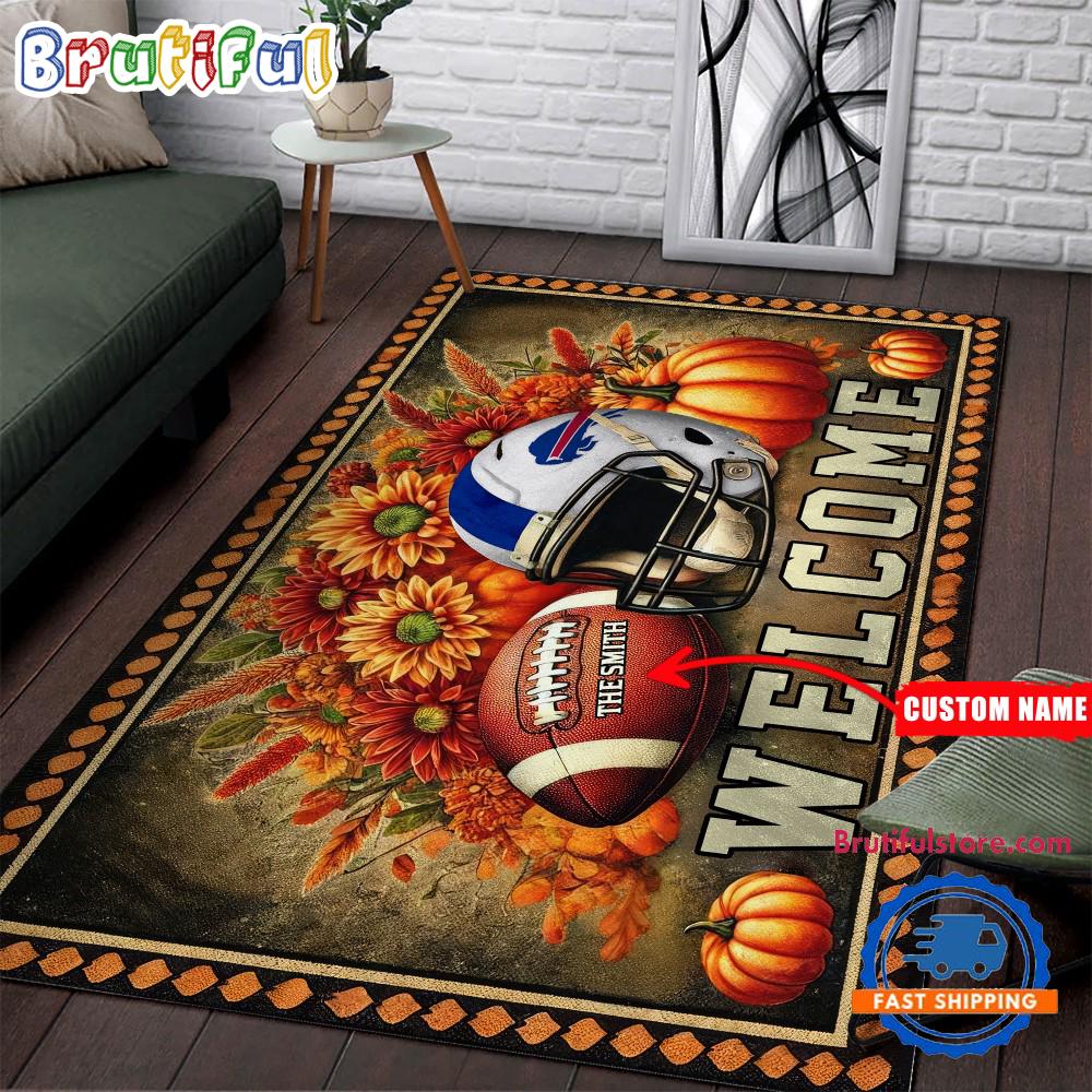 NFL Buffalo Bills Pumpkin Flower Football Halloween Rectangle Rug