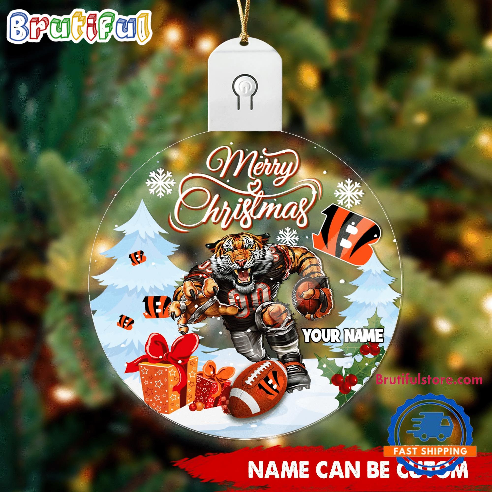 NFL Cincinnati Bengals Football Mascot Merry Christmas Led Acrylic Ornament