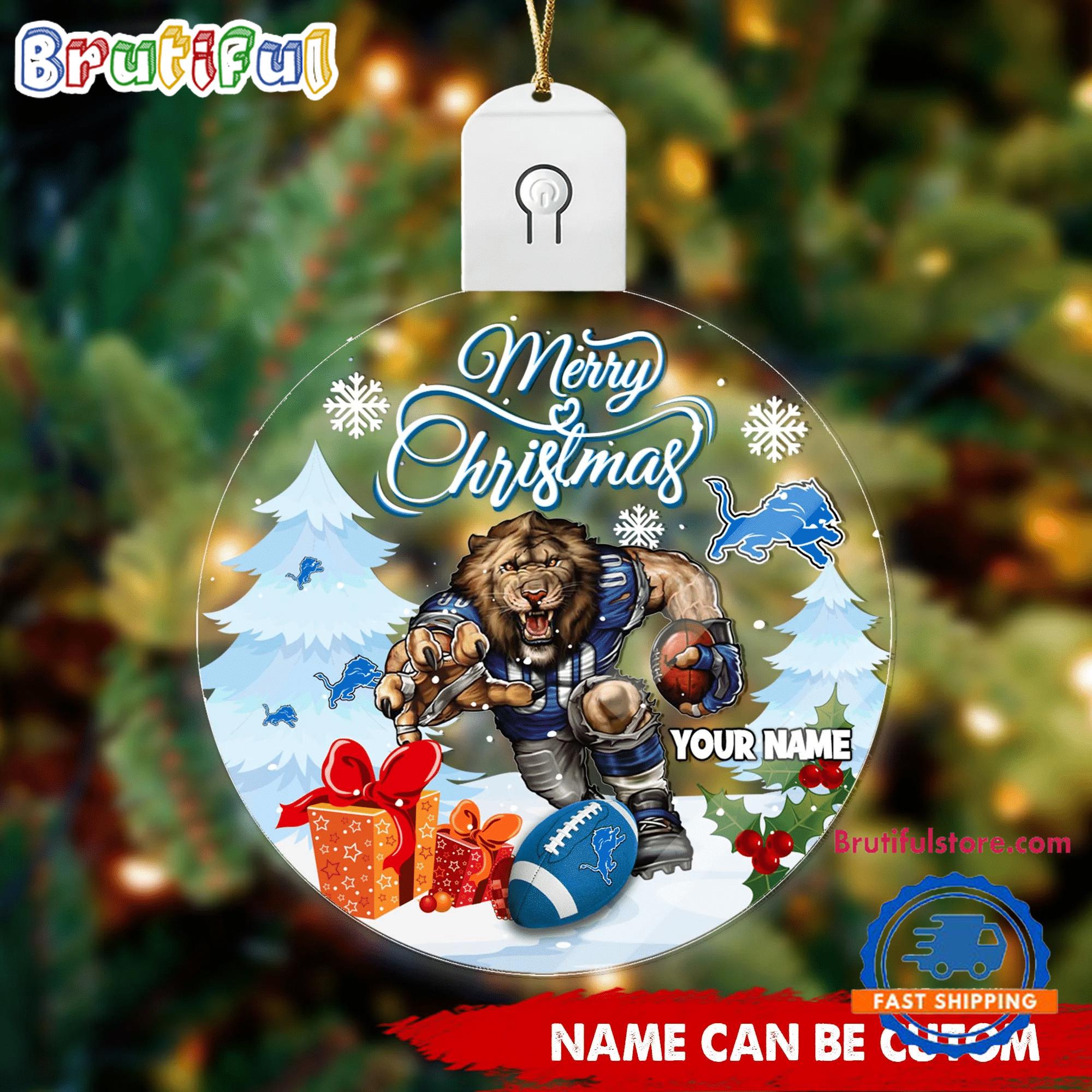 NFL Detroit Lions Football Mascot Merry Christmas Led Acrylic Ornament