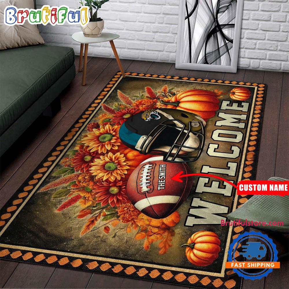 NFL Jacksonville Jaguars Pumpkin Flower Football Halloween Rectangle Rug