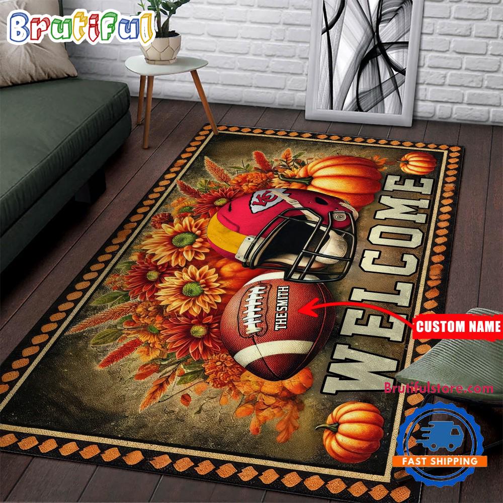 NFL Kansas City Chiefs Pumpkin Flower Football Halloween Rectangle Rug