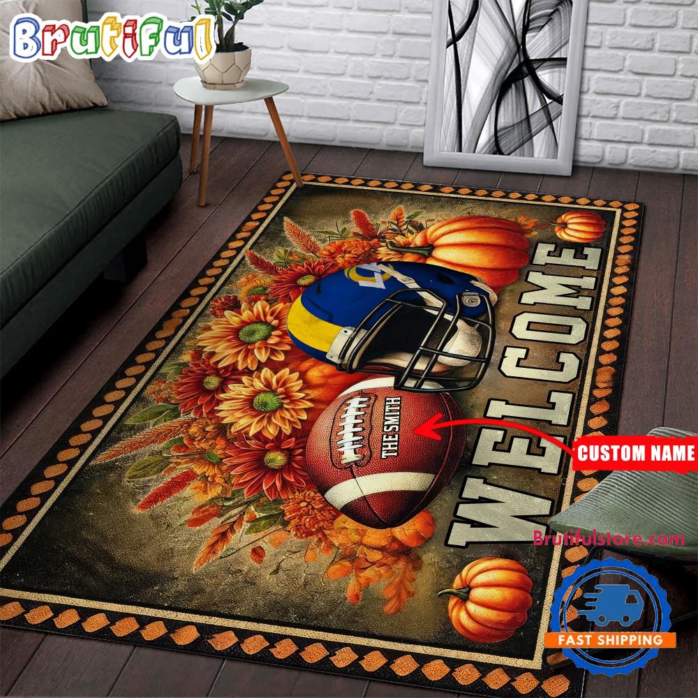 NFL Los Angeles Rams Pumpkin Flower Football Halloween Rectangle Rug