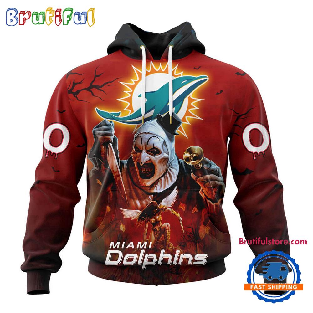 NFL Miami Dolphins Horror Terrifier Ghoulish Valak Halloween Football Hoodie