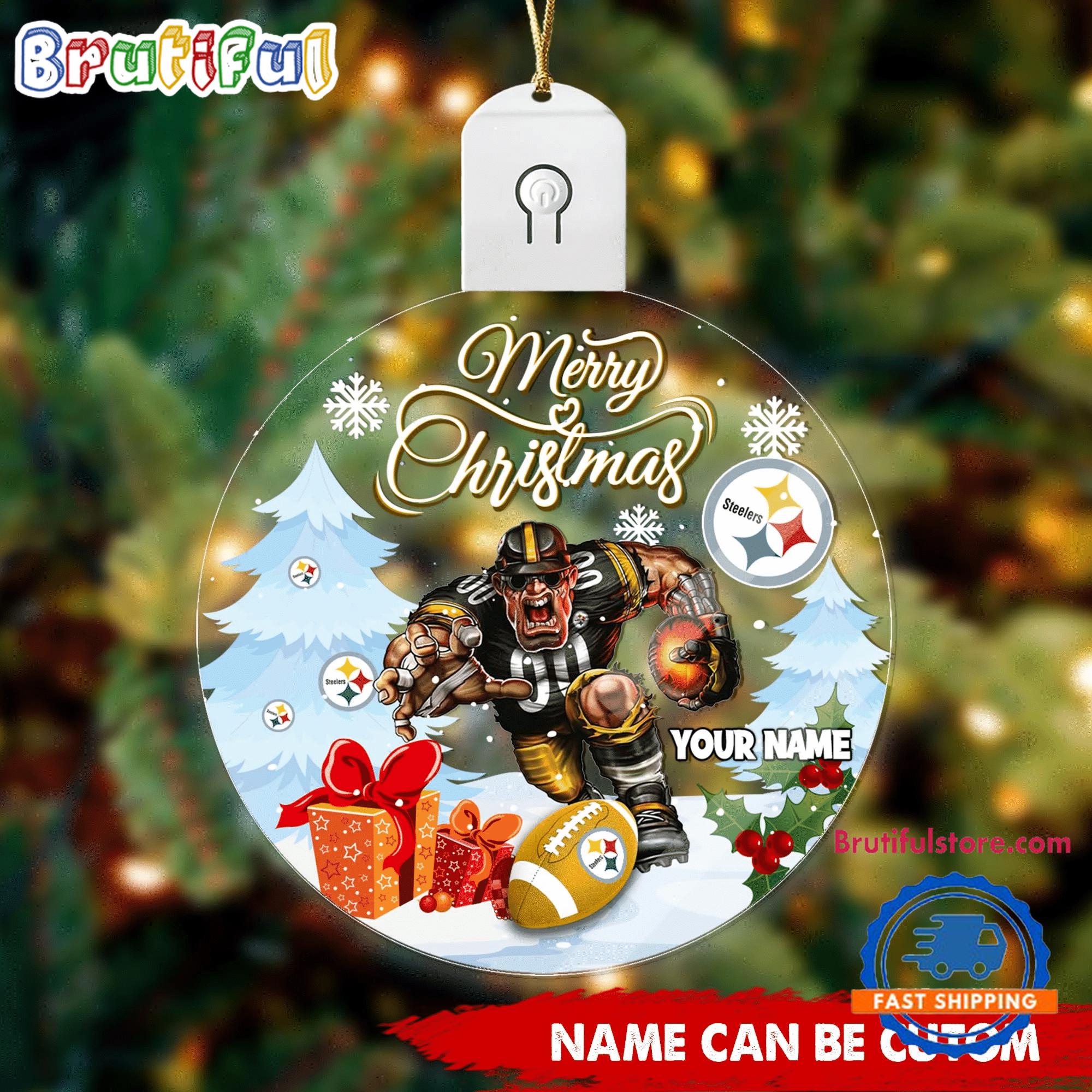 NFL Pittsburgh Steelers Football Mascot Merry Christmas Led Acrylic Ornament