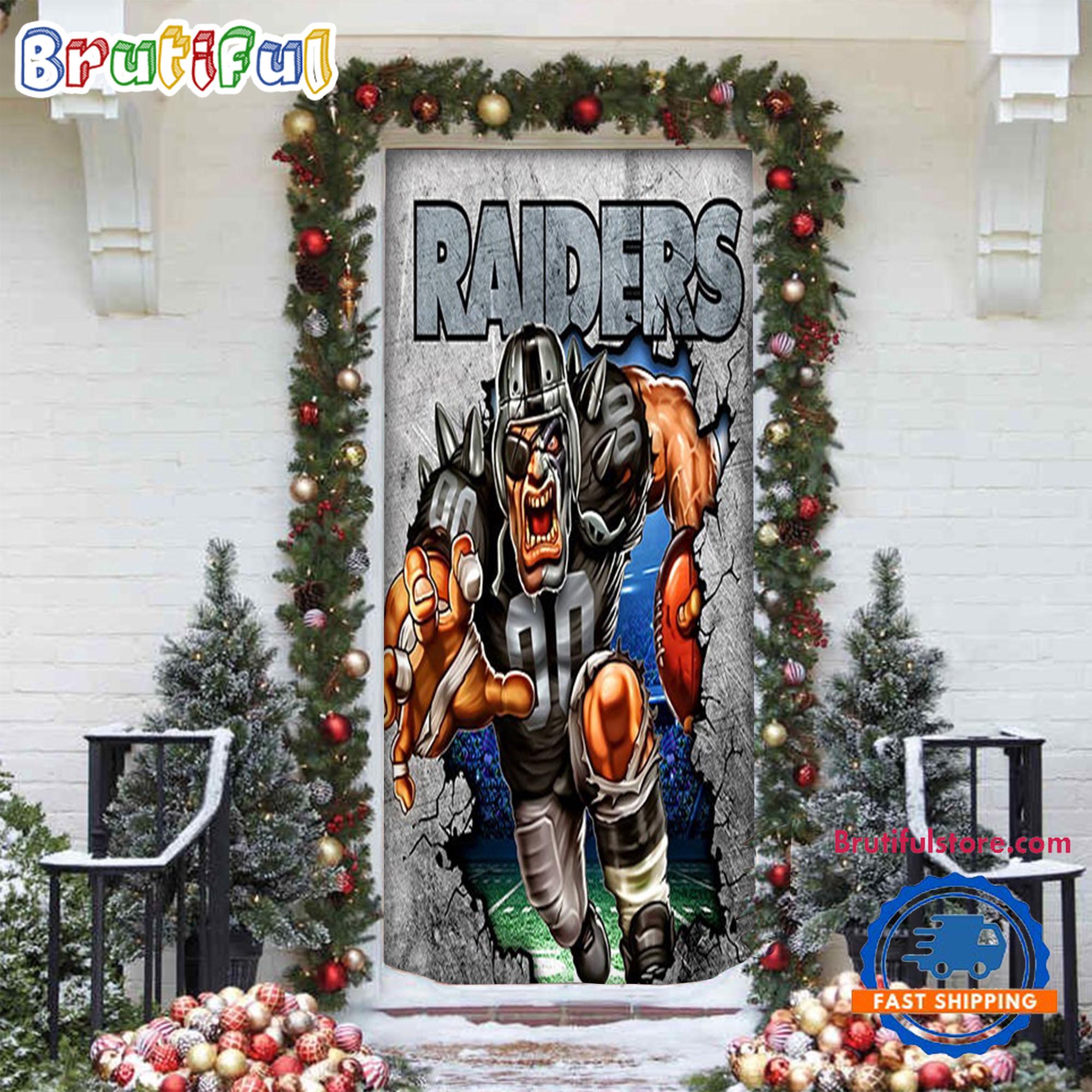NFL Las Vegas Raiders Football Team Christmas Door Cover, Football Christmas Door Wrap