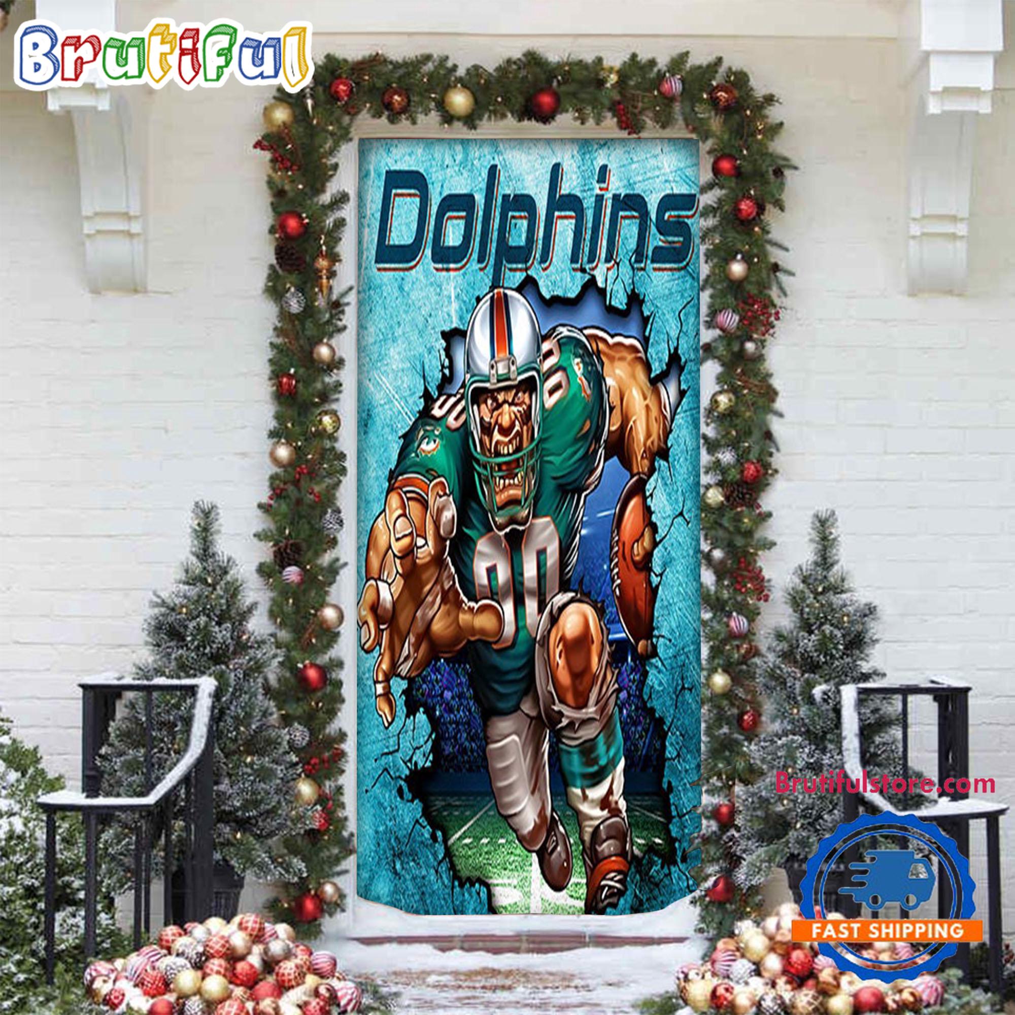 NFL Miami Dolphins Football Team Christmas Door Cover, Football Christmas Door Wrap