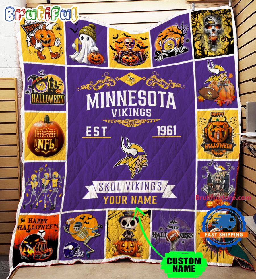 NFL Minnesota Vikings Football Team Special Skeleton Pumpkin Halloween Blanket