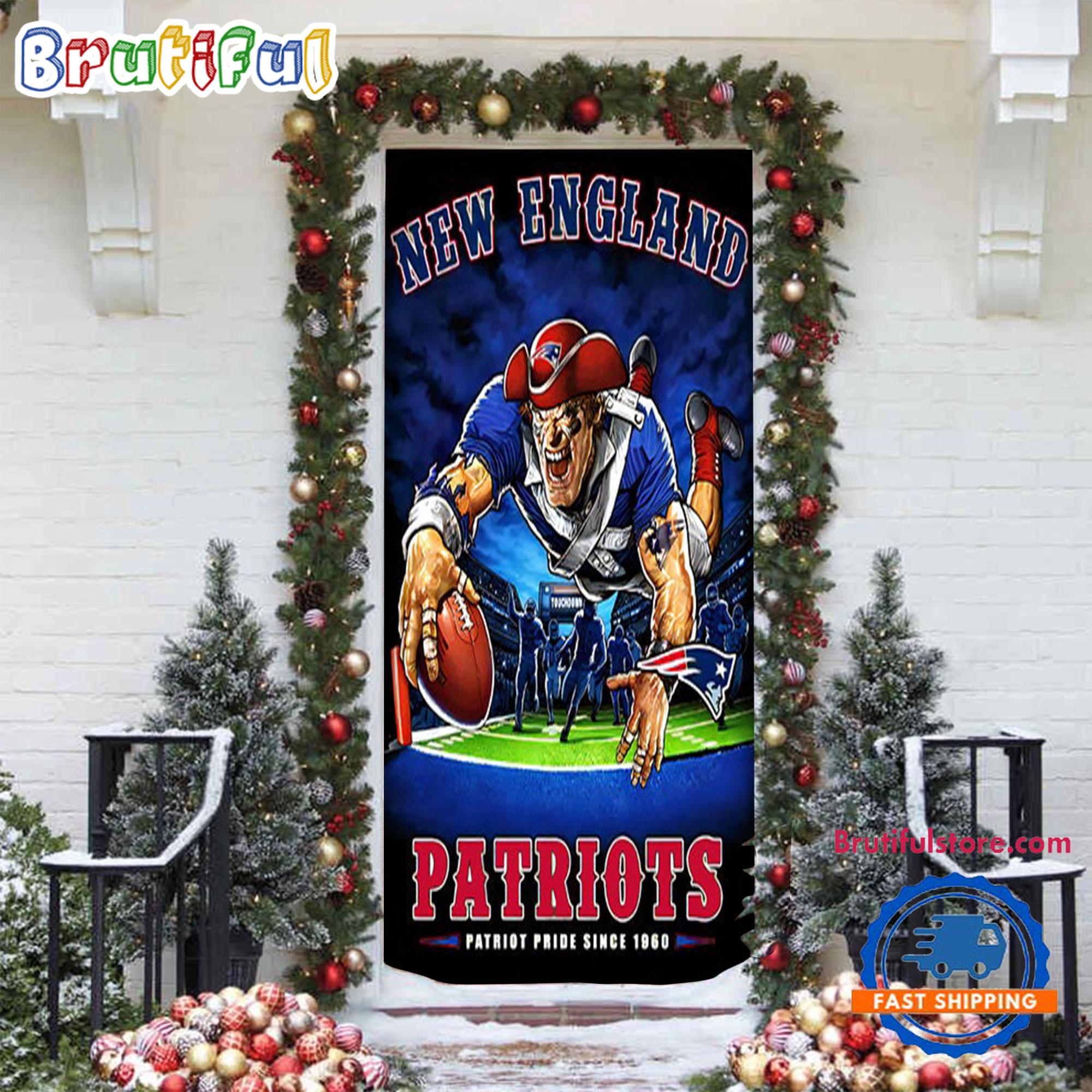 NFL New England Patrio Mascot Football Christmas Door Cover, Football Xmas Door Cover