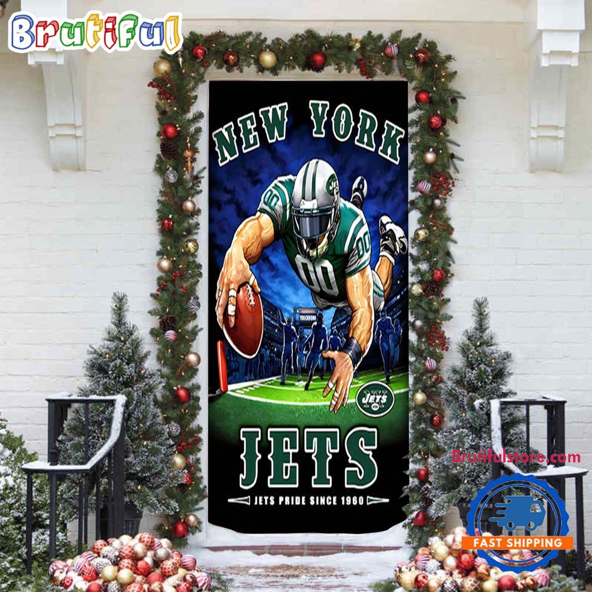 NFL New York Jets Mascot Football Christmas Door Cover, Football Xmas Door Cover