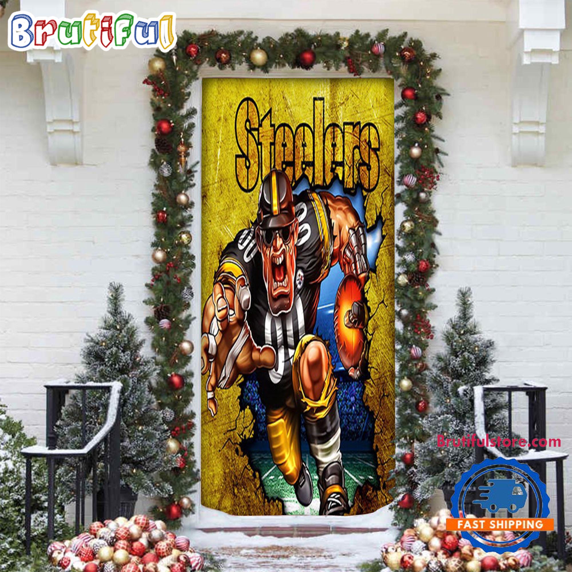 NFL Pittsburgh Steelers Football Team Christmas Door Cover, Football Xmas Door Covers