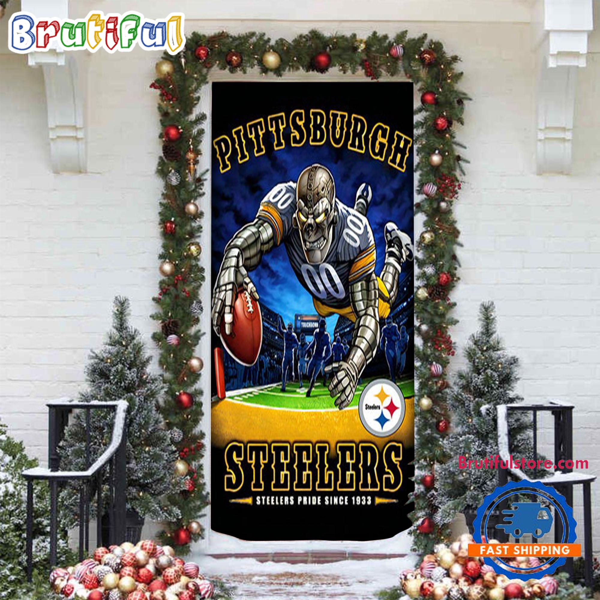 NFL Pittsburgh Steelers Mascot Football Christmas Door Cover, Football Xmas Door Cover