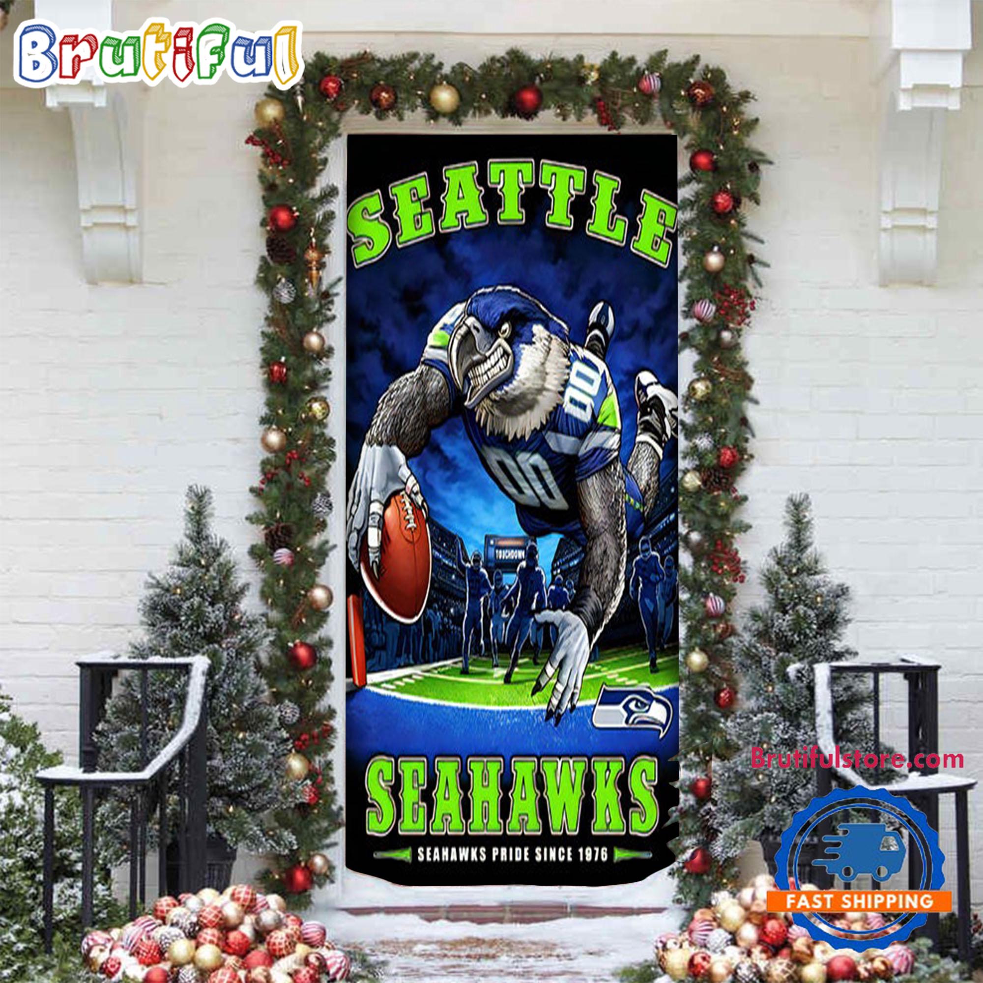NFL Seattle Seahawks Mascot Football Christmas Door Cover, Football Xmas Door Cover