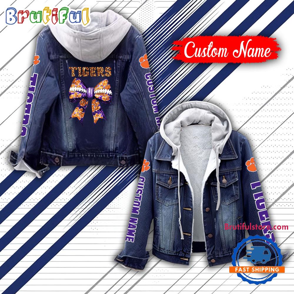 NCAA Clemson Tigers Team Logo Sport Design Hooded Denim Jacket
