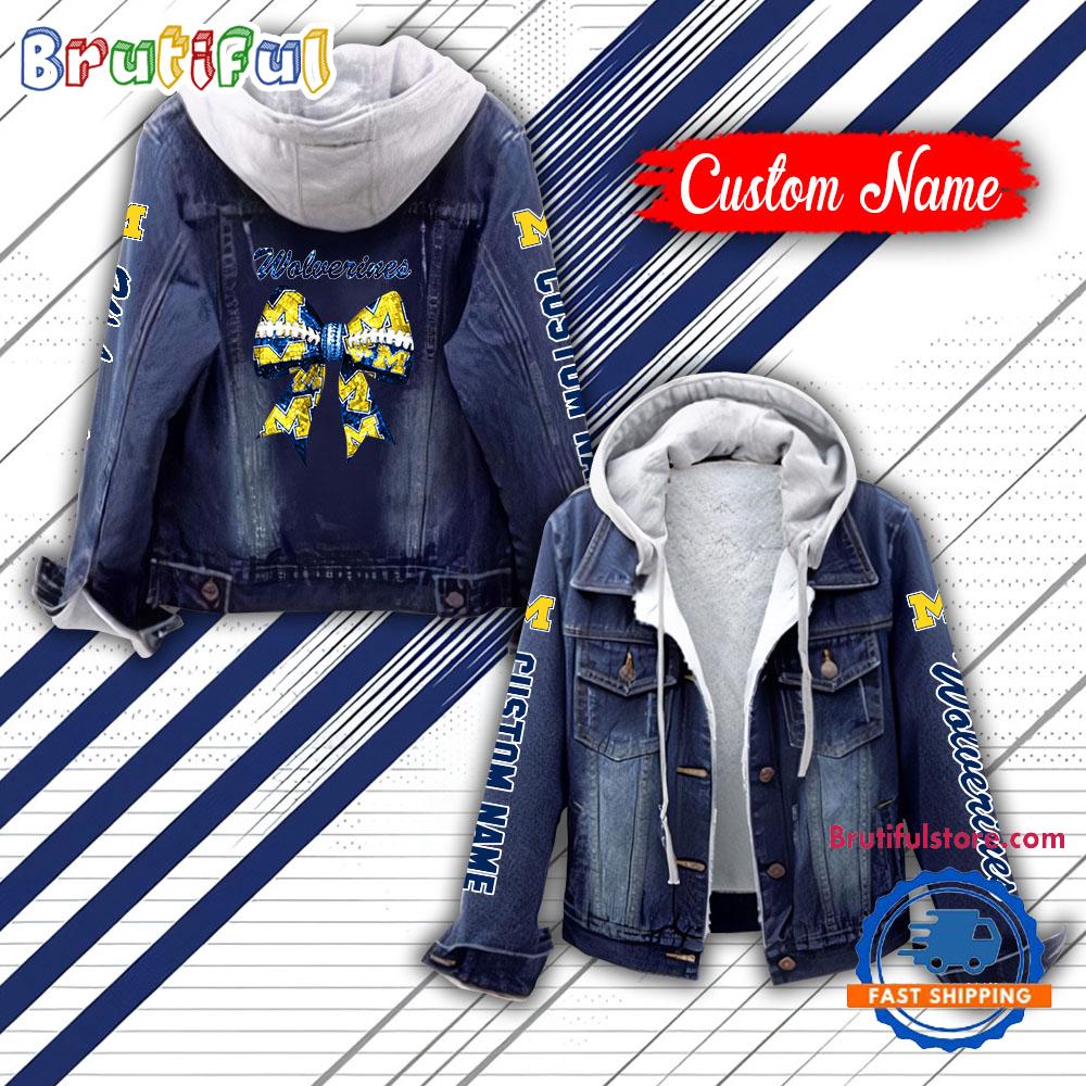 NCAA Michigan Wolverines Team Logo Sport Design Hooded Denim Jacket