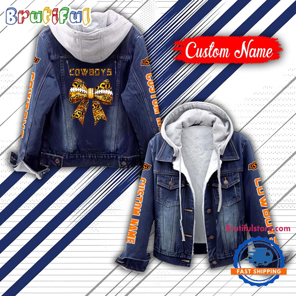 NCAA Oklahoma State Cowboys Team Logo Sport Design Hooded Denim Jacket