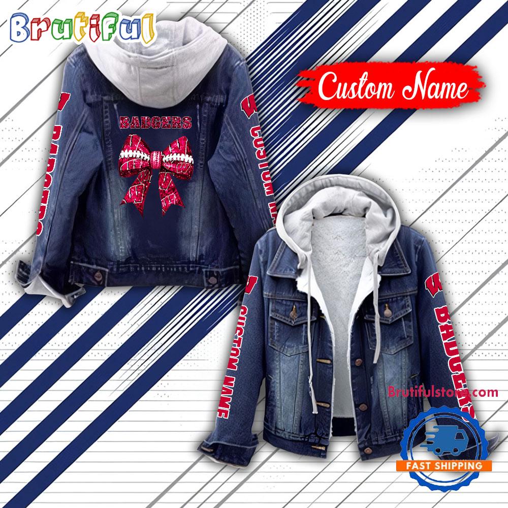 NCAA Wisconsin Badgers Team Logo Sport Design Hooded Denim Jacket