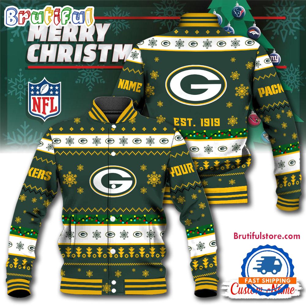 NFL Green Bay Packers Snow Xmas Tree Christmas Custom Baseball Jacket