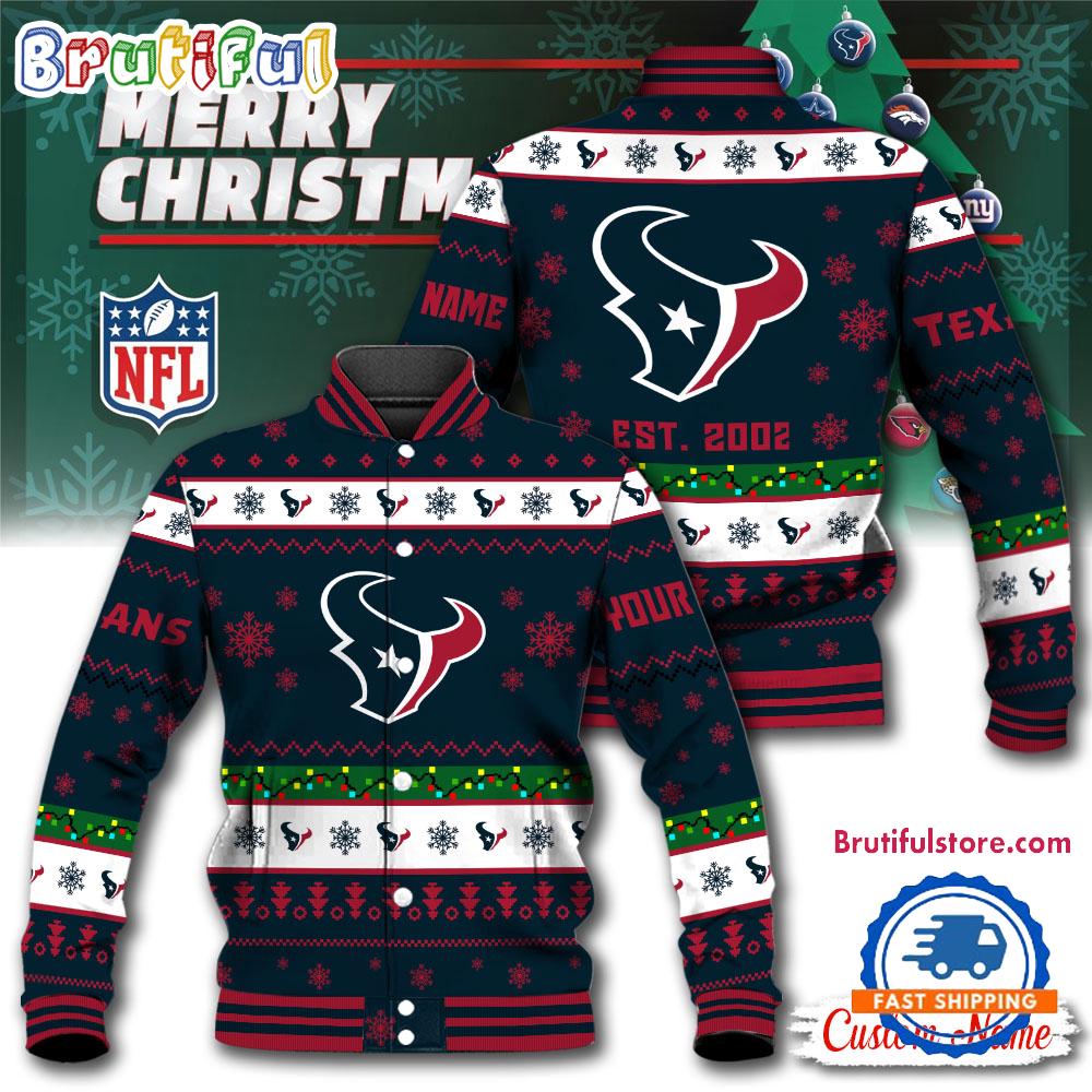 NFL Houston Texans Snow Xmas Tree Christmas Custom Baseball Jacket